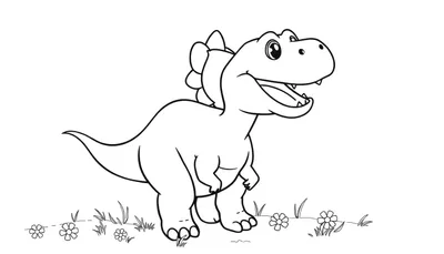 Placa de color de un dinosaurio sonriente con hierba y flores.