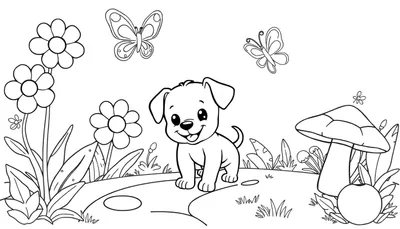 Placa de color de un cachorro juguetón en un jardín con flores, mariposas y un hongo.