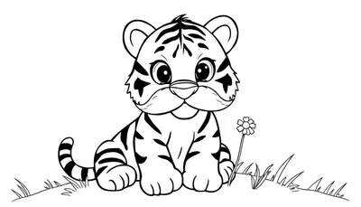 Placa de color de un tierno cachorro de tigre sentado en la hierba con una flor, listo para ser coloreado.