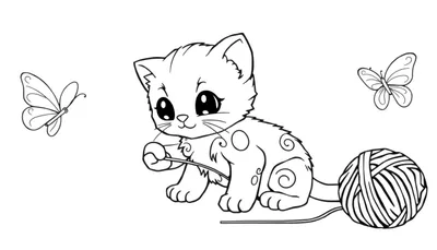 Placa de color de un gatito jugando con lana y mariposas.