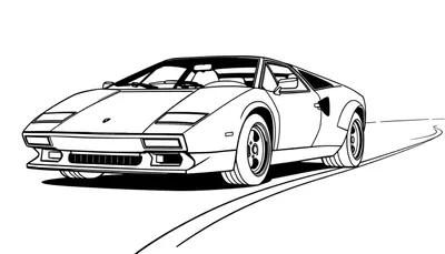 Dibujo lineal de un Lamborghini Countach listo para colorear, una placa de color con detalles de coche deportivo.