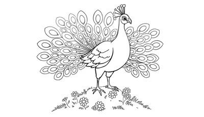 Placa de color de un pavo real con su cola extendida sobre un promontorio con flores.
