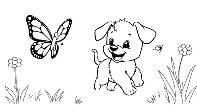 Una placa de color de un perrito feliz persiguiendo una mariposa en un jardín.