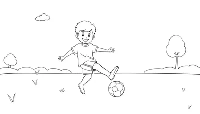 Placa de color: un niño feliz pateando una pelota de fútbol.
