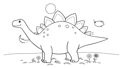 Dibujo lineal de un estegosaurio amigable con placas en la espalda y un sol en el fondo, listo para colorear.