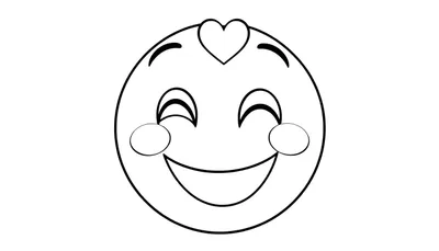 Emoji de cara sonriente para colorear, con un corazón y mejillas sonrosadas, en blanco y negro, listo para la placa de color.