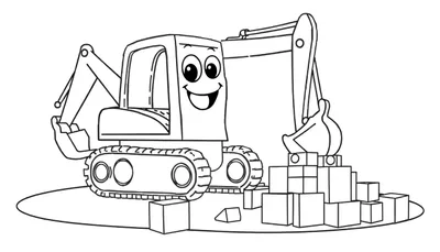 Excavadora sonriente lista para la acción en una página para colorear con bloques.