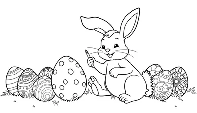 Placa de color: Un lindo conejito de Pascua pintando un huevo decorado con un pincel, con más huevos decorados a su lado y un poco de hierba en la parte inferior.