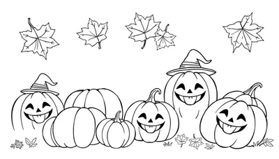 Placa de color de calabazas de Halloween con sombreros de bruja y hojas de otoño.