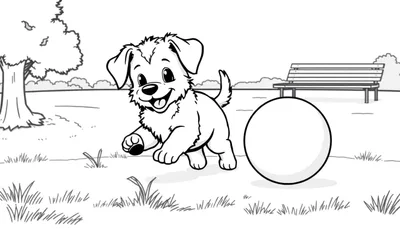 Placa de color para un cachorro corriendo feliz hacia una pelota en un parque.