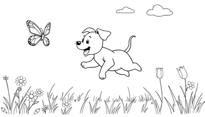 Placa de color de un cachorro feliz persiguiendo una mariposa en un campo florido.
