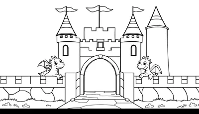 Castillo medieval para colorear con dragones y banderas en una placa de color.