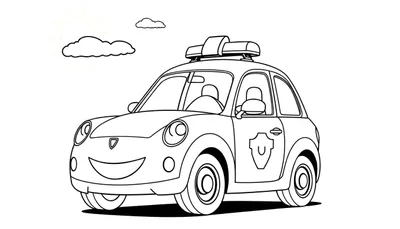 Un coche de policía de dibujos animados sonriente con una placa de color esperando ser coloreado, con un sol y una nube de fondo.