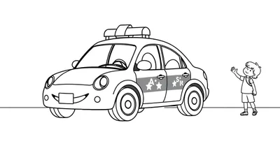 Coche de policía de dibujos animados con la placa de color, saludando a un niño.