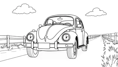 Un dibujo lineal de un Volkswagen Beetle de color listo para ser pintado, viajando por un camino rural con vallas.