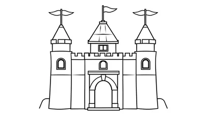 Un dibujo de un castillo de Lego para colorear, con tres torres y una entrada de arco.