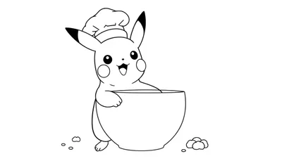 Pikachu chef en un tazón para colorear, visto desde arriba, con motas de harina a su alrededor.