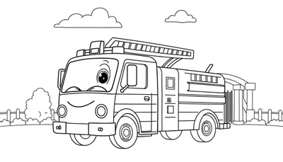 Placa de color de un camión de bomberos amigable con un ojo, sonriendo, con una escalera y luces redondas, en un paisaje con nubes, un arbusto y un edificio con pilares.