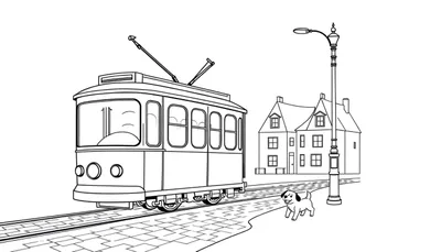 Un dibujo lineal en blanco y negro de un tranvía antiguo con un perro en la acera y casas de dos pisos, invitando a ser coloreado.