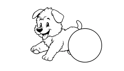 Placa de color de un cachorro peludo y sonriente persiguiendo una pelota.