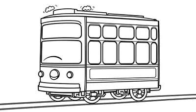 Un tranvía caricaturesco en blanco y negro, listo para colorear, con una placa de color cerca.