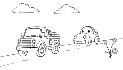 Una página para colorear con un camión y un coche sonrientes en una carretera.
