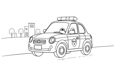 Un coche de policía de dibujos animados con una placa de color esperando para ayudar.