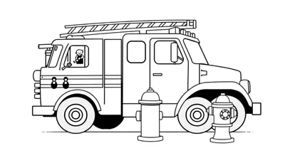 Placa de color: un camión de bomberos de dibujos animados en blanco y negro listo para la acción, con un bombero al volante y dos hidrantes cerca.