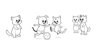 Placa de color con un gato sonriente, un perro pateando un balón de fútbol y dos gatos más, todos en blanco y negro.