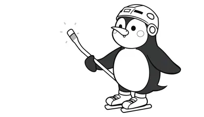 Pingüino de dibujos animados jugando al hockey sobre hielo con un palo brillante, página para colorear en blanco y negro para niños, placa de color.