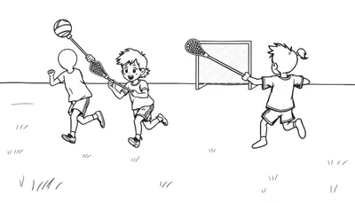 Placa de color en blanco y negro de niños jugando al lacrosse.