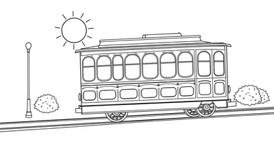 Dibujo lineal de un tranvía antiguo bajo un sol brillante, listo para ser coloreado, con farola y arbustos a los lados, una placa de color vibrante lo realza.