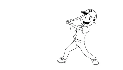 Un niño sonriente con un gorro con la letra P, bateando en un juego de béisbol en una página para colorear en blanco y negro.