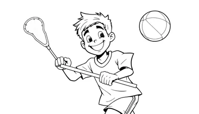 Página para colorear de un niño sonriente jugando al lacrosse con un palo y una pelota.