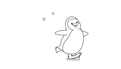 Pingüino feliz patinando en hielo, listo para colorear en esta placa de color.