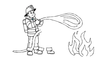 Placa de color de un bombero valiente apagando un fuego.