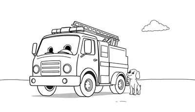 Un camión de bomberos amigable en blanco y negro, con un perro y una placa de color lista para ser pintada.