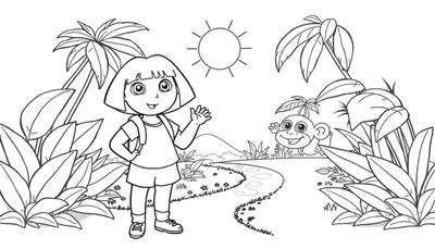 Dora la Exploradora en una selva con una placa de color para colorear.