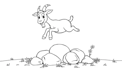Una cabra caricaturesca sonriente saltando sobre rocas, lista para colorear en una placa de color.