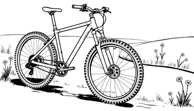 Una bicicleta de montaña con ruedas grandes, lista para ser coloreada, sobre un campo con una colina suave, todo en blanco y negro, para niños, con una placa de color.