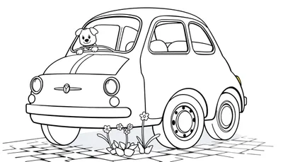 Un dibujo de un Fiat 500 clásico con un perro al volante, listo para ser coloreado, destacando la placa de color.