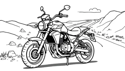Una moto estilo scrambler dibujada a mano, lista para ser coloreada y añadirle una placa de color.