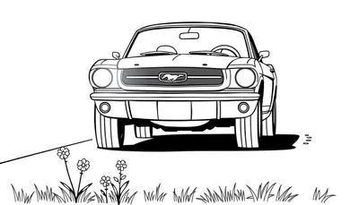 Un coche Mustang antiguo para colorear con la placa de color lista para la aventura.