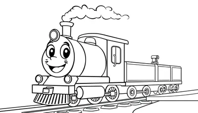 Placa de color de un tren de dibujos animados amigable saliendo de la estación.