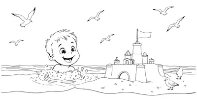 Un niño sonriente salpicando agua en la playa, con un castillo de arena y gaviotas en la placa de color.