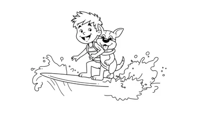 Un niño y su perro en una tabla de surf en una ola, listo para colorear en la placa de color.