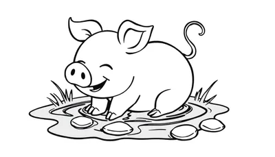 Cerdo de dibujos animados guiñando un ojo en un charco para colorear, diseño de placa de color.