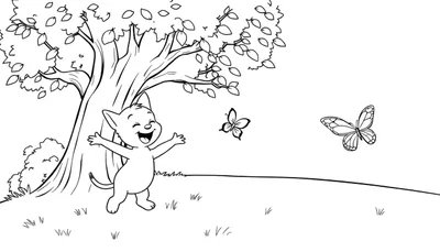 Placa de color de un gato feliz bajo un árbol con mariposas.