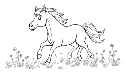 Placa de color de un caballo galopando feliz entre flores.
