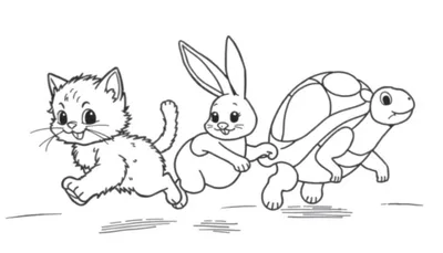 Una placa de color con un gato, un conejo y una tortuga corriendo.